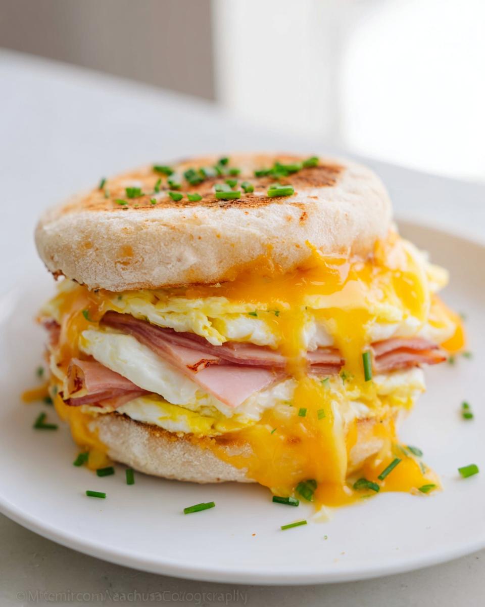 A towering breakfast sandwich recipe featuring ham, fried eggs, melted cheddar cheese, and chives on an English muffin.
