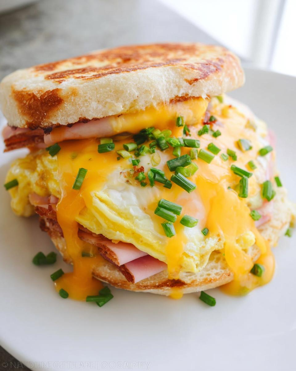 A hearty breakfast sandwich with ham, fried egg, melted cheddar cheese, and chives on toasted bread.