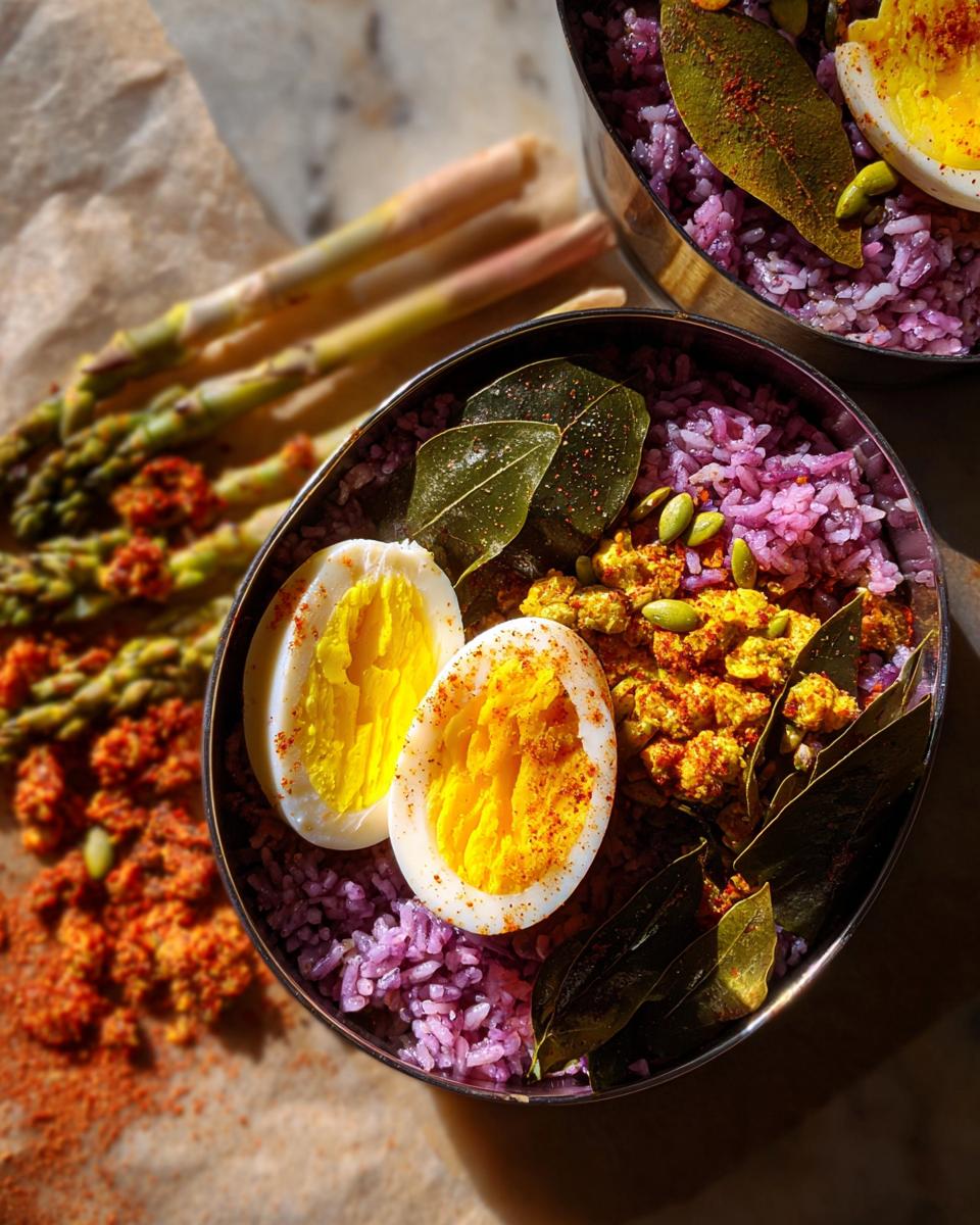 A bowl featuring purple rice, spiced scramble, and halved hard-boiled eggs, part of The Ultimate Egg Recipes Guide.