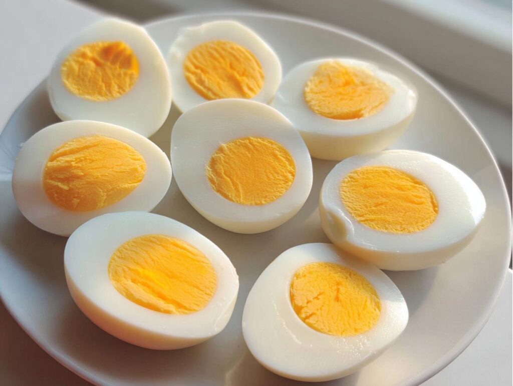 Seven halves of hard-boiled eggs showing bright yellow yolks, perfect for Healthy Meals Recipes Meal Prep.