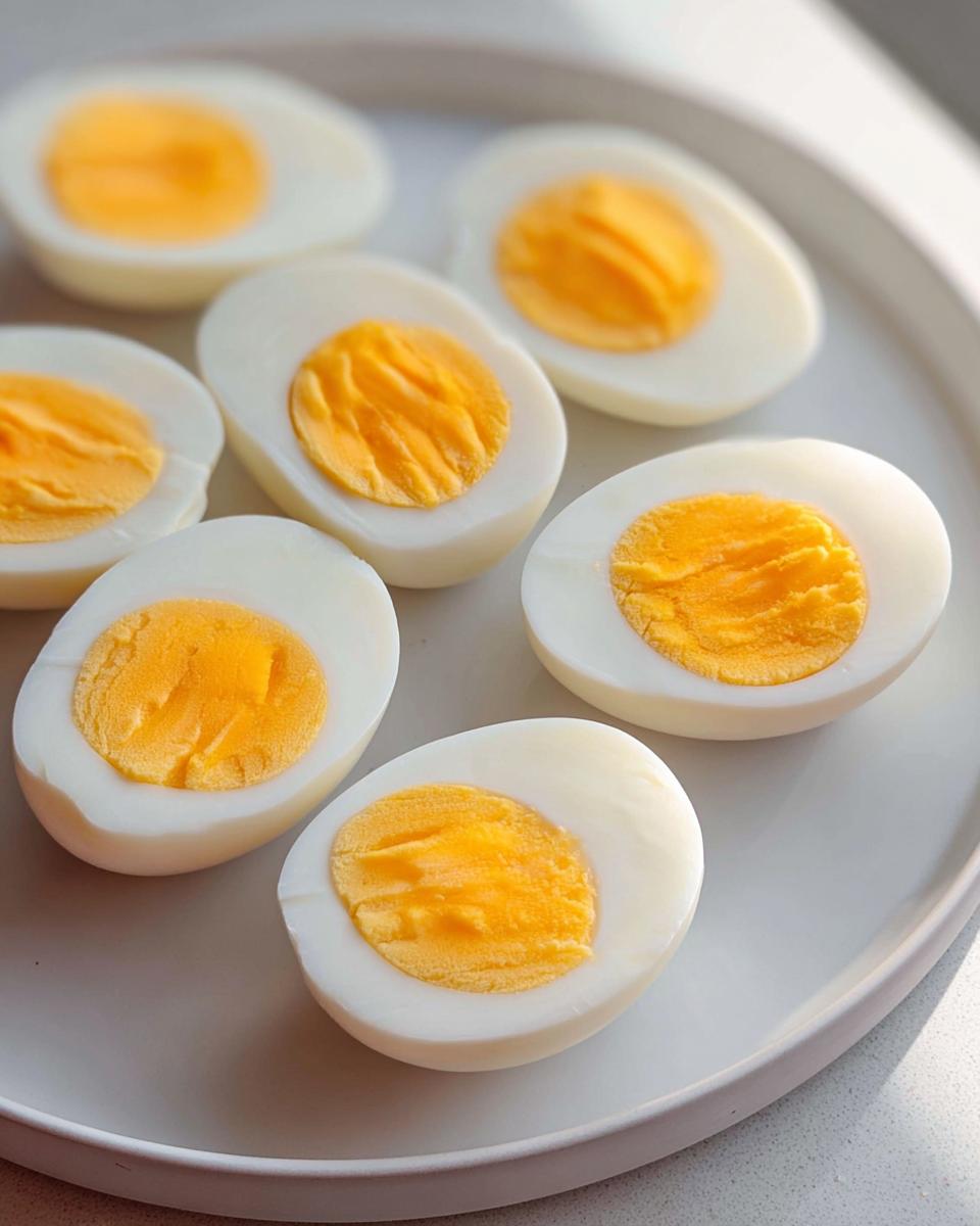 Six halves of hard-boiled eggs with bright yellow yolks, perfect for Healthy Meals Recipes Meal Prep.