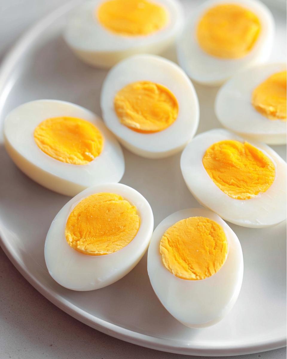 Several hard-boiled eggs, halved to show bright yellow yolks, ready for Healthy Meals Recipes Meal Prep.