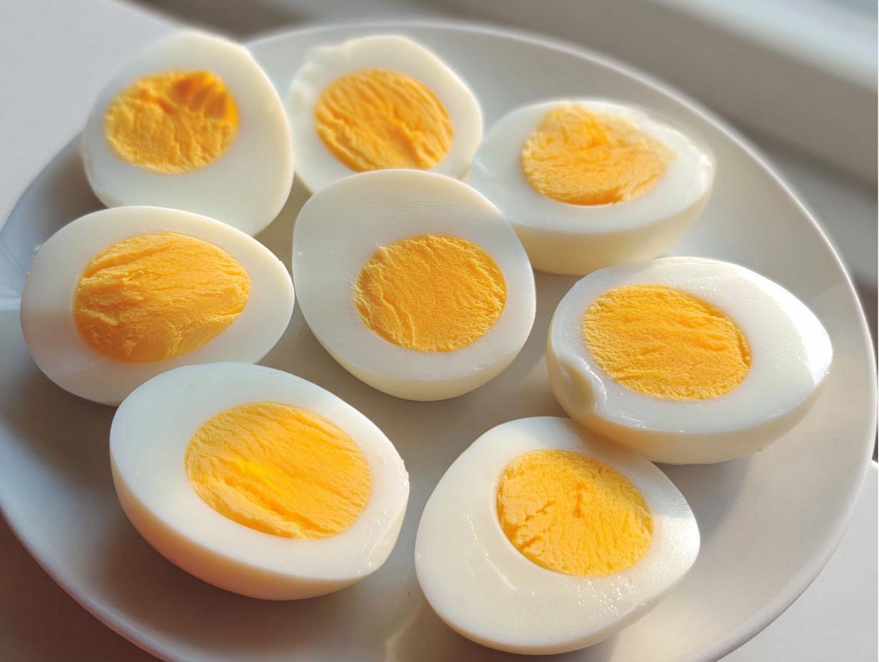 Seven halves of hard-boiled eggs showing bright yellow yolks, perfect for Healthy Meals Recipes Meal Prep.
