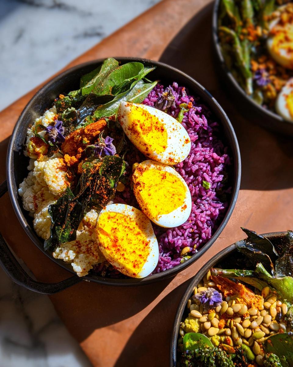 Two halves of hard-boiled eggs seasoned with paprika served over purple rice in a bowl, part of The Ultimate Egg Recipes Guide for Beginners.