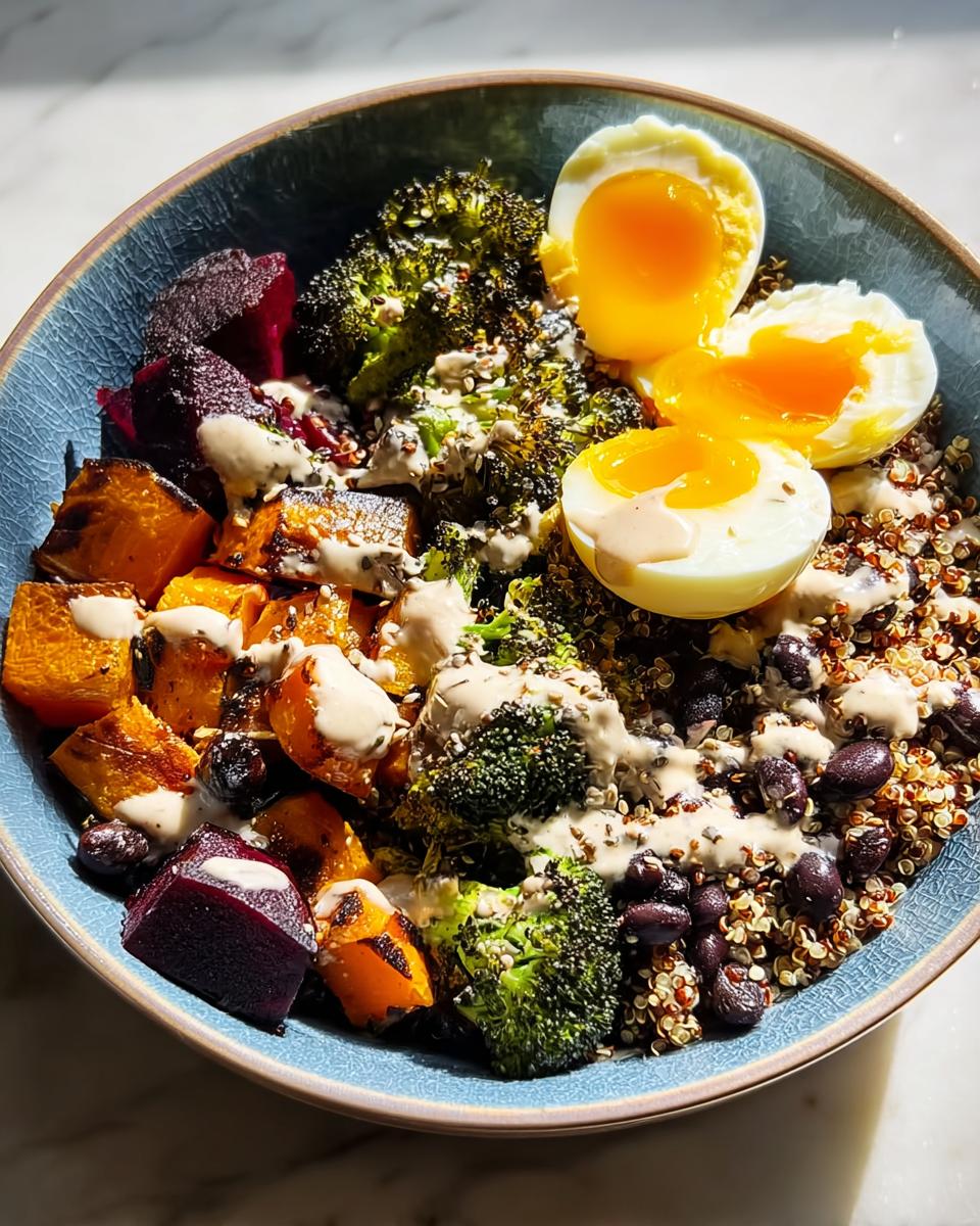 Colorful breakfast bowl featuring quinoa, roasted vegetables, black beans, and soft-boiled eggs, a great example of Breakfast Ideas Recipes.
