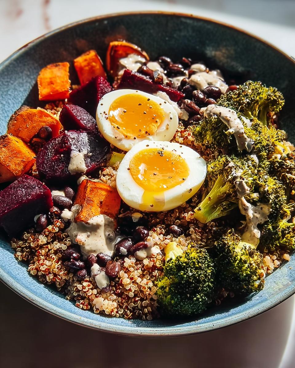A vibrant, healthy breakfast ideas recipe featuring quinoa, soft-boiled eggs, roasted sweet potatoes, beets, and broccoli.