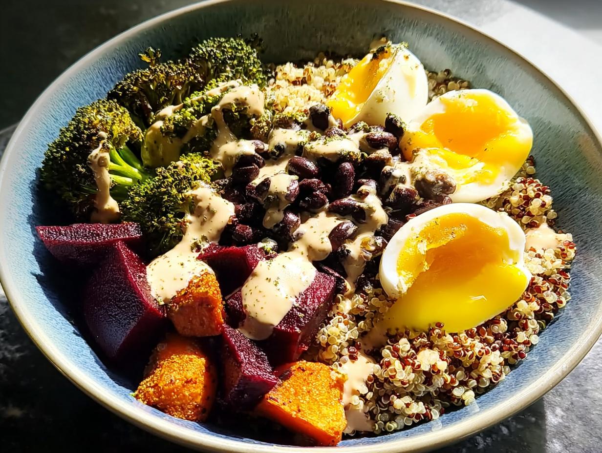 A vibrant breakfast ideas recipe bowl featuring quinoa, soft-boiled eggs, roasted broccoli, beets, and black beans drizzled with tahini dressing.