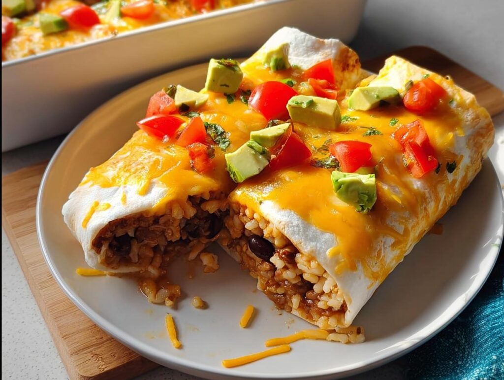 A baked burrito topped with melted cheese, avocado, and tomatoes, showing the rice and bean filling, suitable for 25-Ingredient Healthy Meals Recipes.