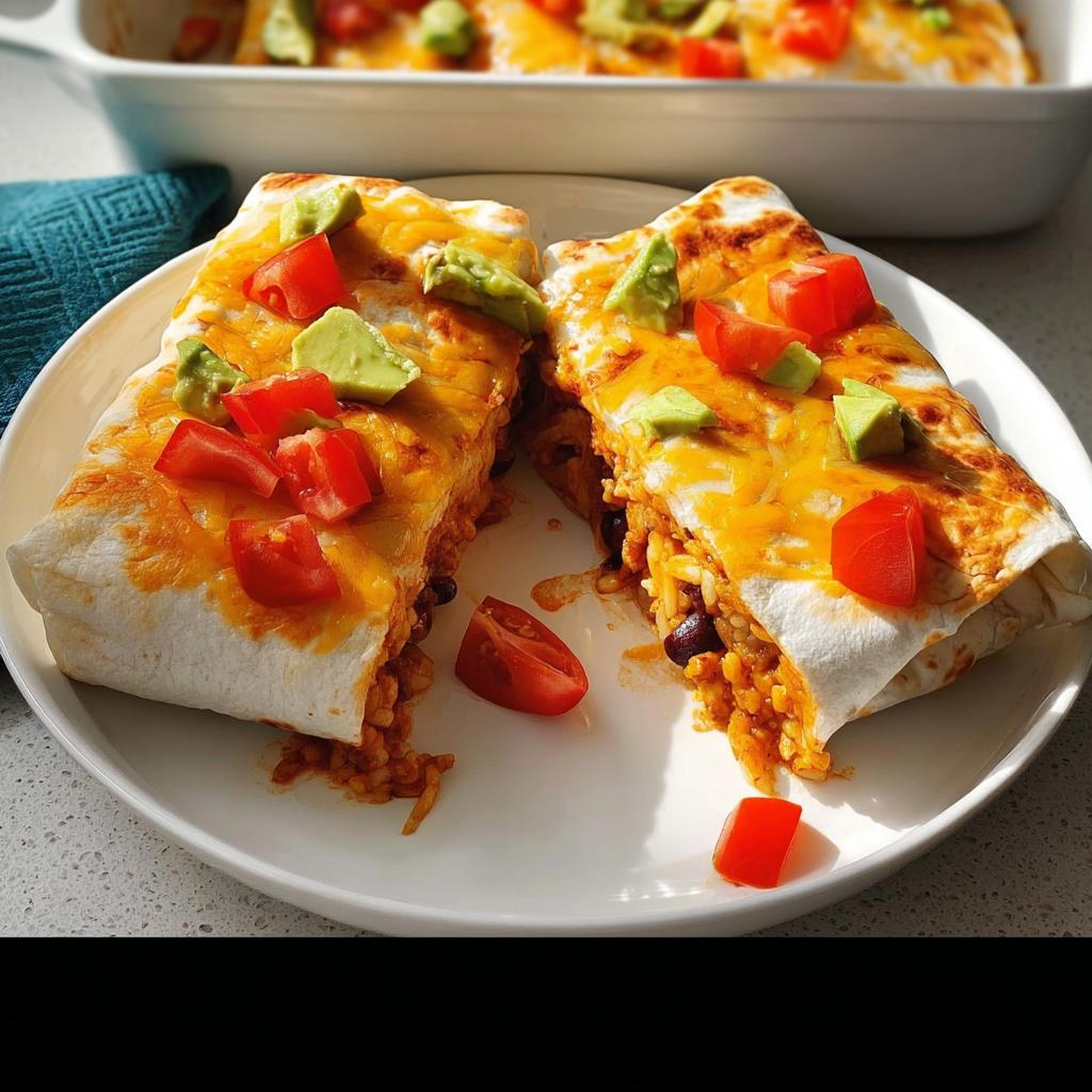 Two halves of a baked burrito topped with melted cheese, avocado, and diced tomatoes, part of 25-Ingredient Healthy Meals Recipes.
