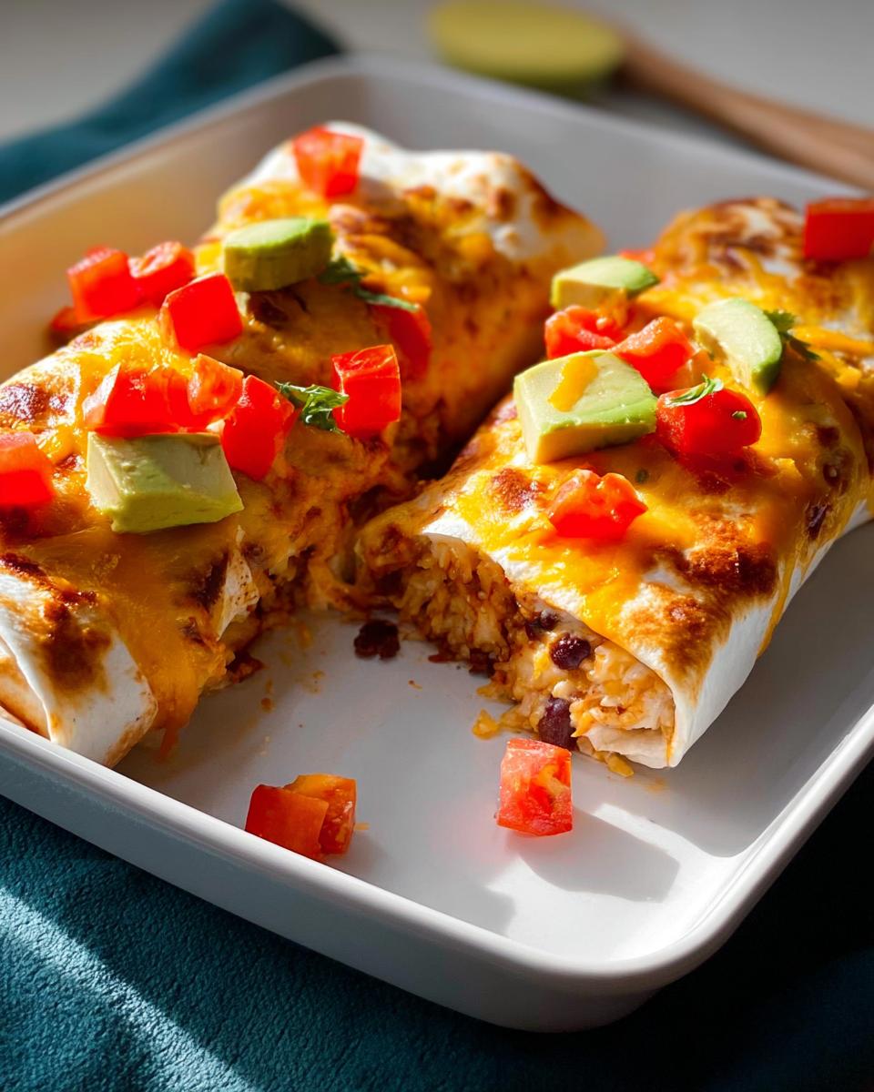 Three baked burritos topped with melted cheese, diced tomatoes, and avocado, part of 25-Ingredient Healthy Meals Recipes.