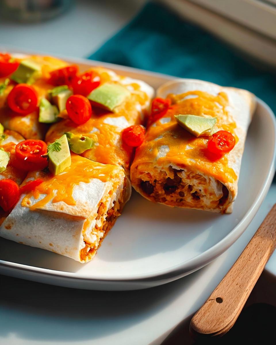 Close-up of cheesy, healthy burritos topped with avocado and cherry tomatoes, fitting for 25-Ingredient Healthy Meals Recipes.