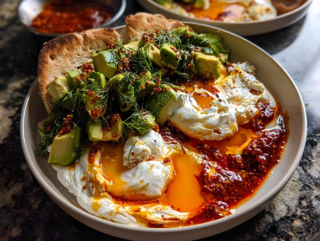 A bowl featuring poached eggs with runny yolks, topped with diced avocado, fresh dill, and chili crisp, served with pita bread.