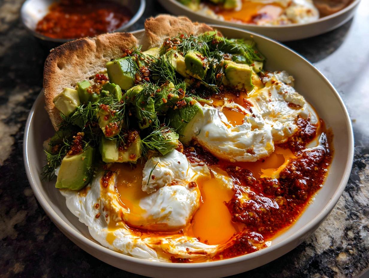A bowl featuring poached eggs with runny yolks, topped with diced avocado, fresh dill, and chili crisp, served with pita bread.