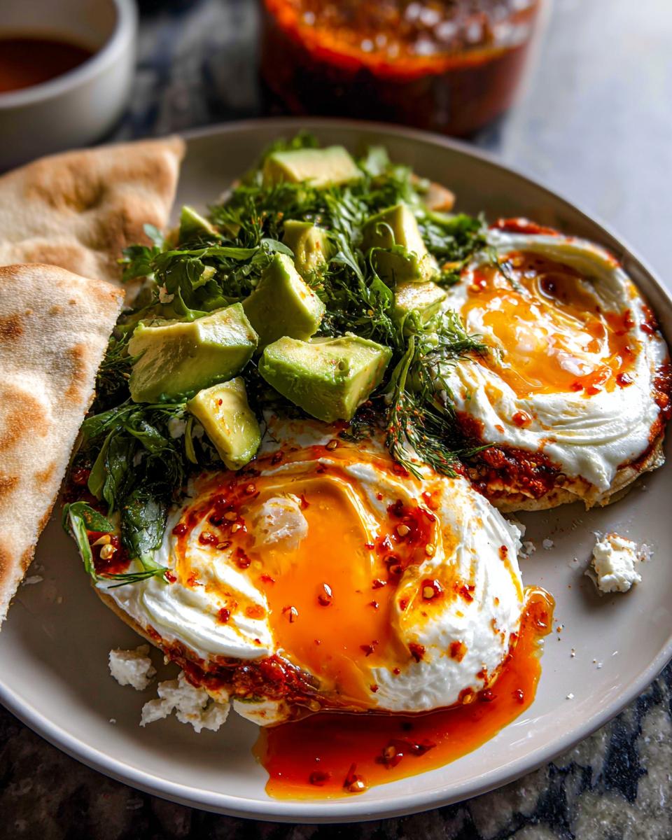 Two sunny-side-up eggs over yogurt/cheese, topped with avocado and greens, a great example of healthy meals recipes.