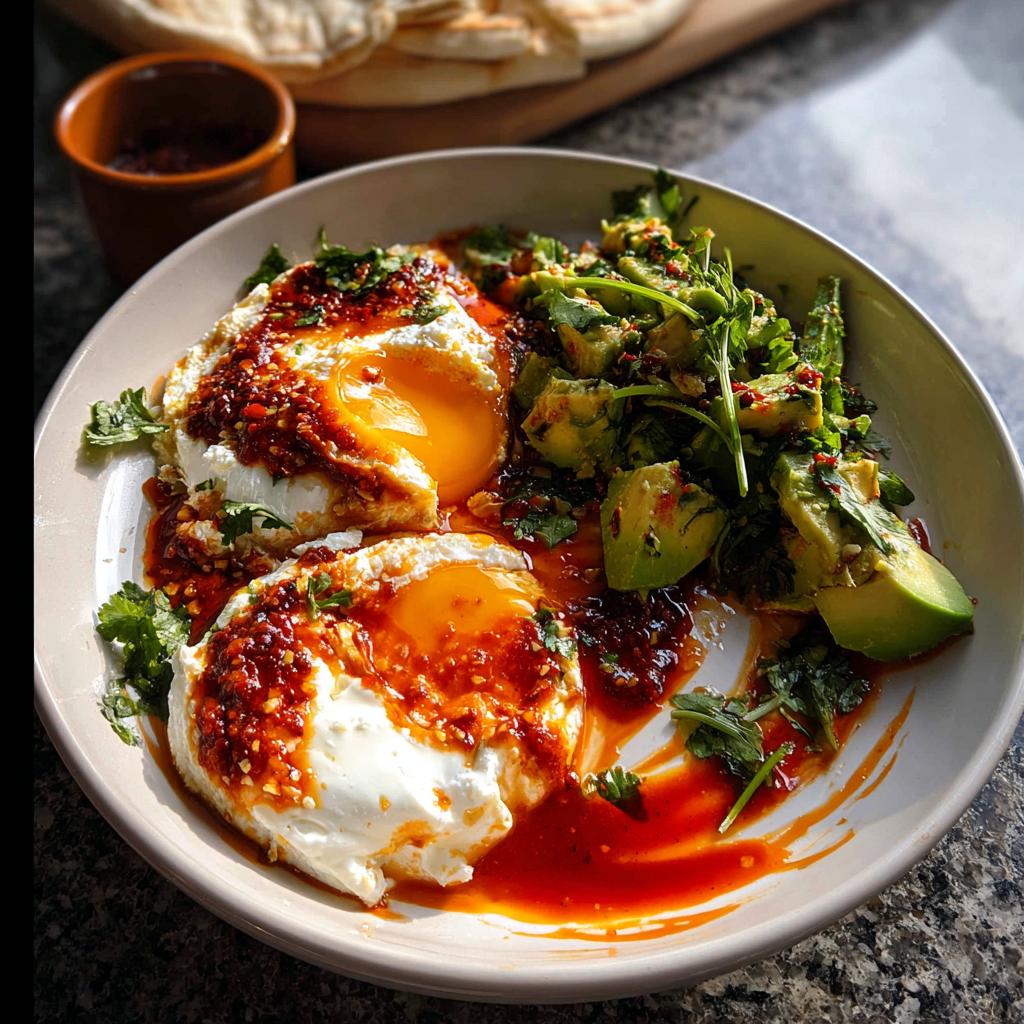 Two poached or fried eggs topped with chili oil, served alongside avocado salad, illustrating how to make healthy meals recipes.