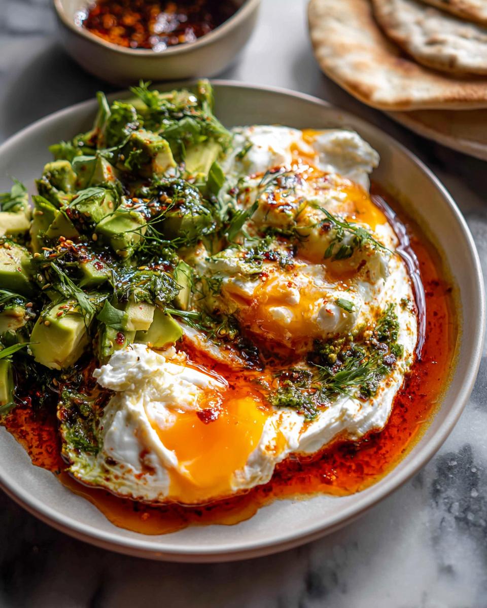 A healthy meal of poached or fried eggs over yogurt, topped with avocado, herbs, and chili oil, demonstrating how to make healthy meals recipes.