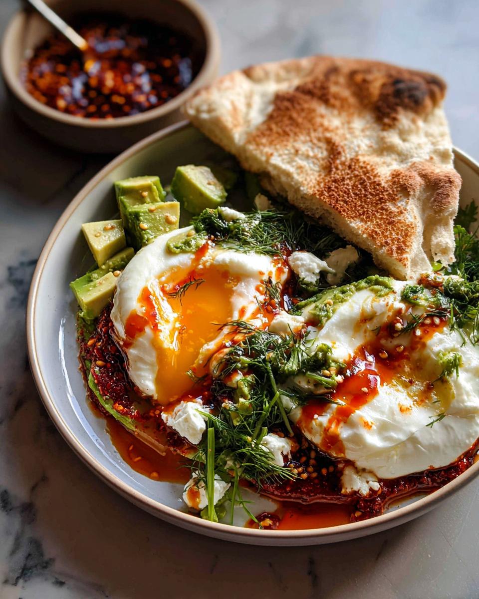 A vibrant, healthy meal recipe featuring poached eggs, avocado, herbs, and chili oil served with flatbread.