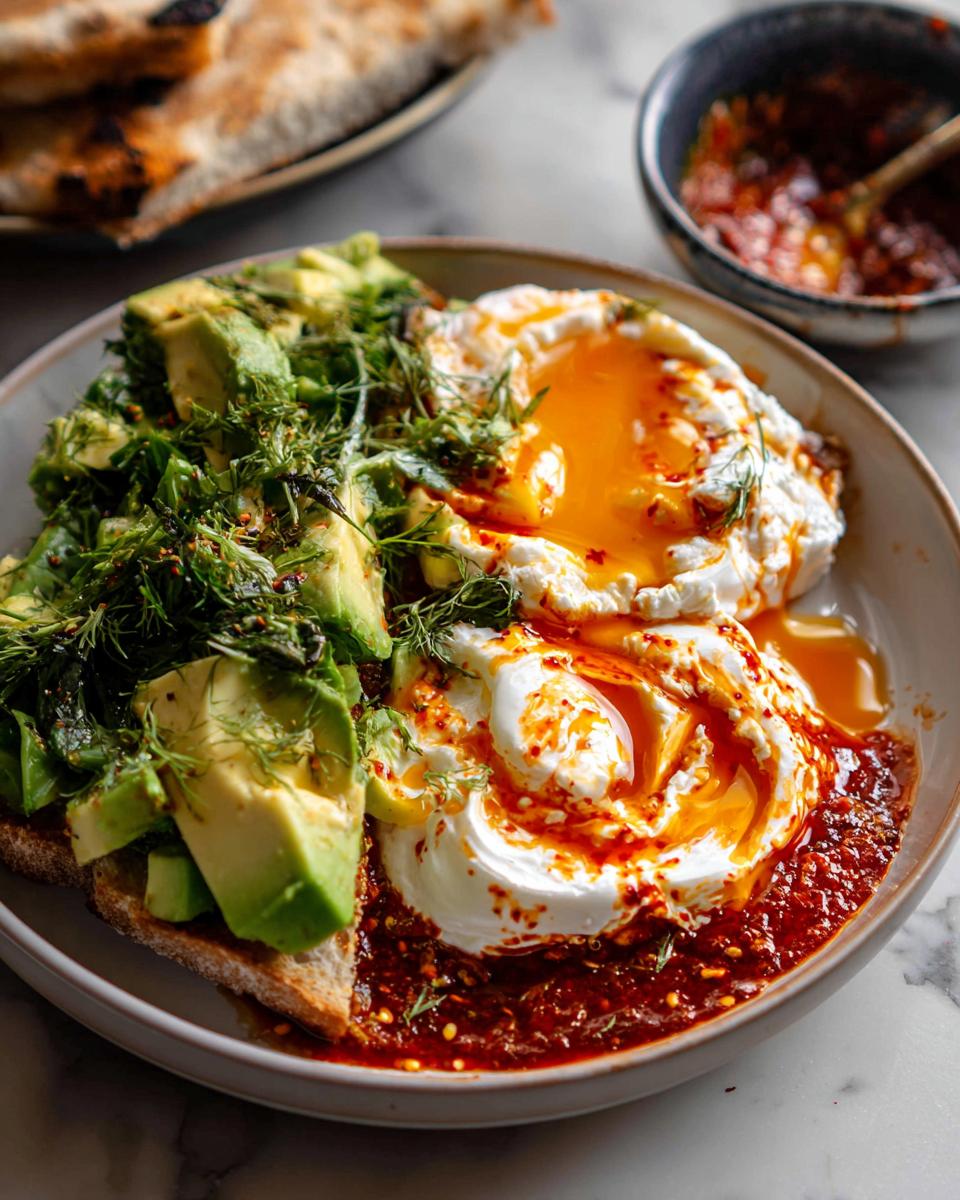 A vibrant, healthy meal recipe featuring poached eggs over chili oil, topped with avocado and herbs on toast.