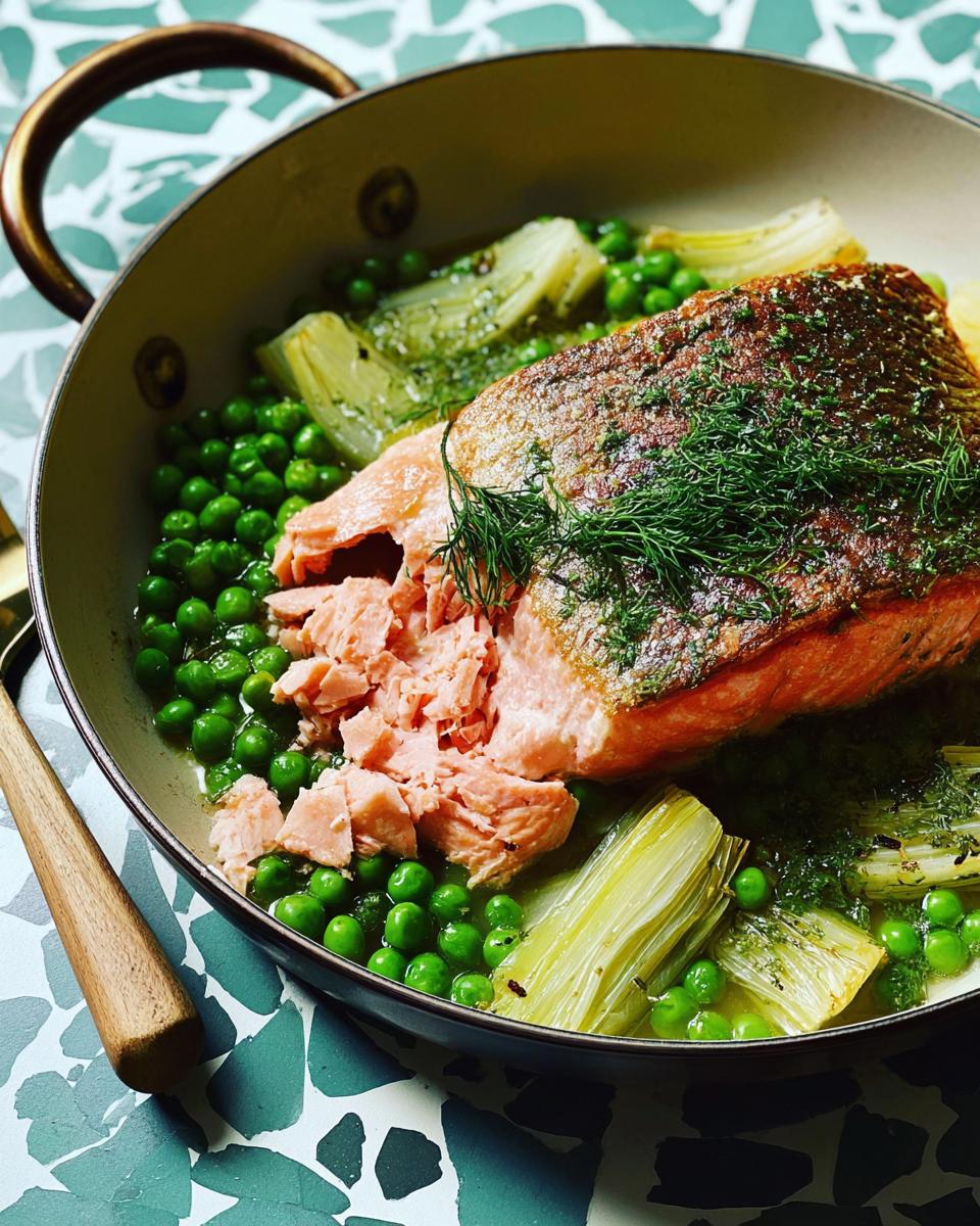 Pan-seared salmon fillet served with bright green peas and braised fennel, a perfect example of healthy meals recipes for beginners.