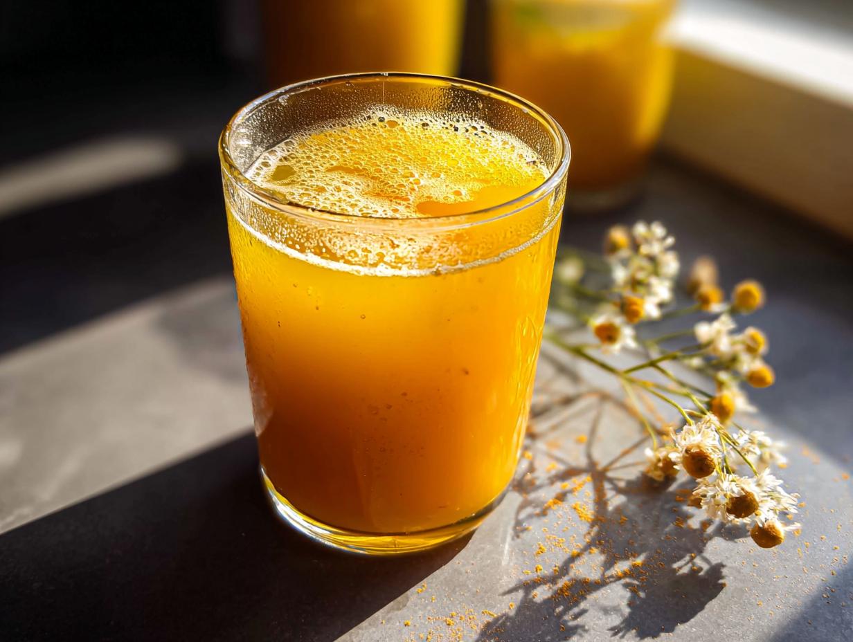 Close-up of a vibrant orange beverage, possibly a fresh juice or turmeric shot, featured in Restaurant-Style Healthy Meals Recipes at Home.