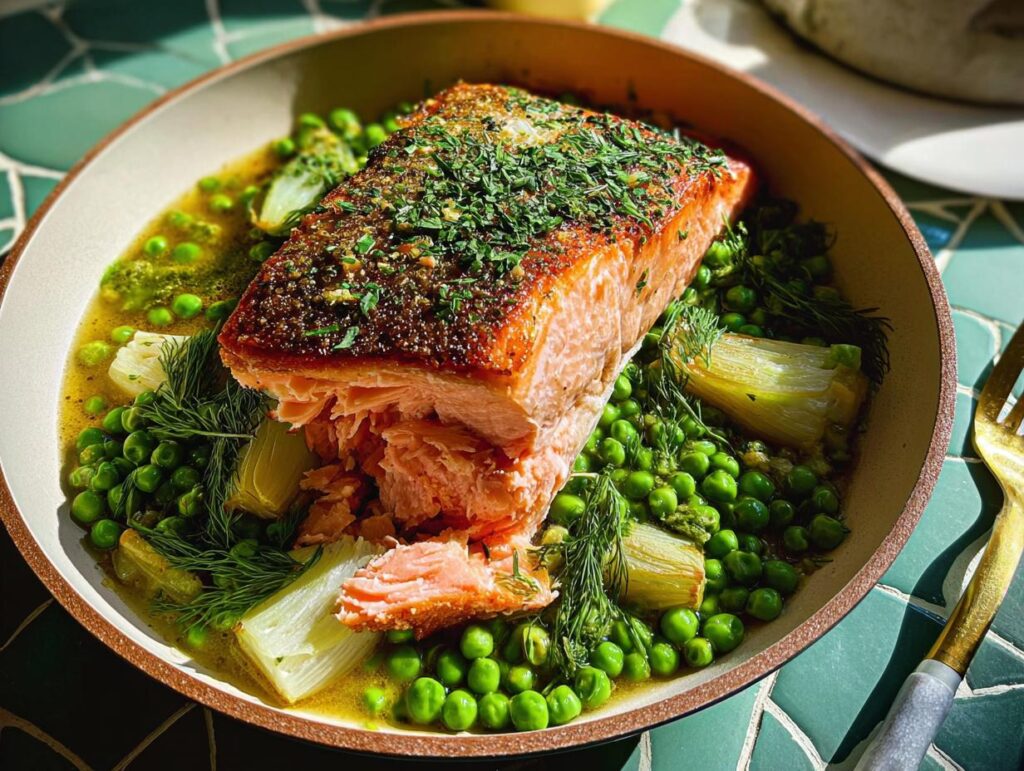 Perfectly cooked salmon fillet served over bright green peas and fennel, a great example of healthy meals recipes for beginners.