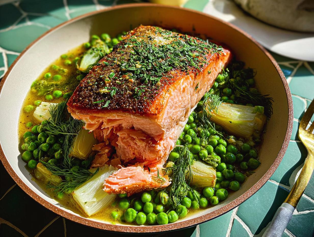 Perfectly cooked salmon fillet served over bright green peas and fennel, a great example of healthy meals recipes for beginners.