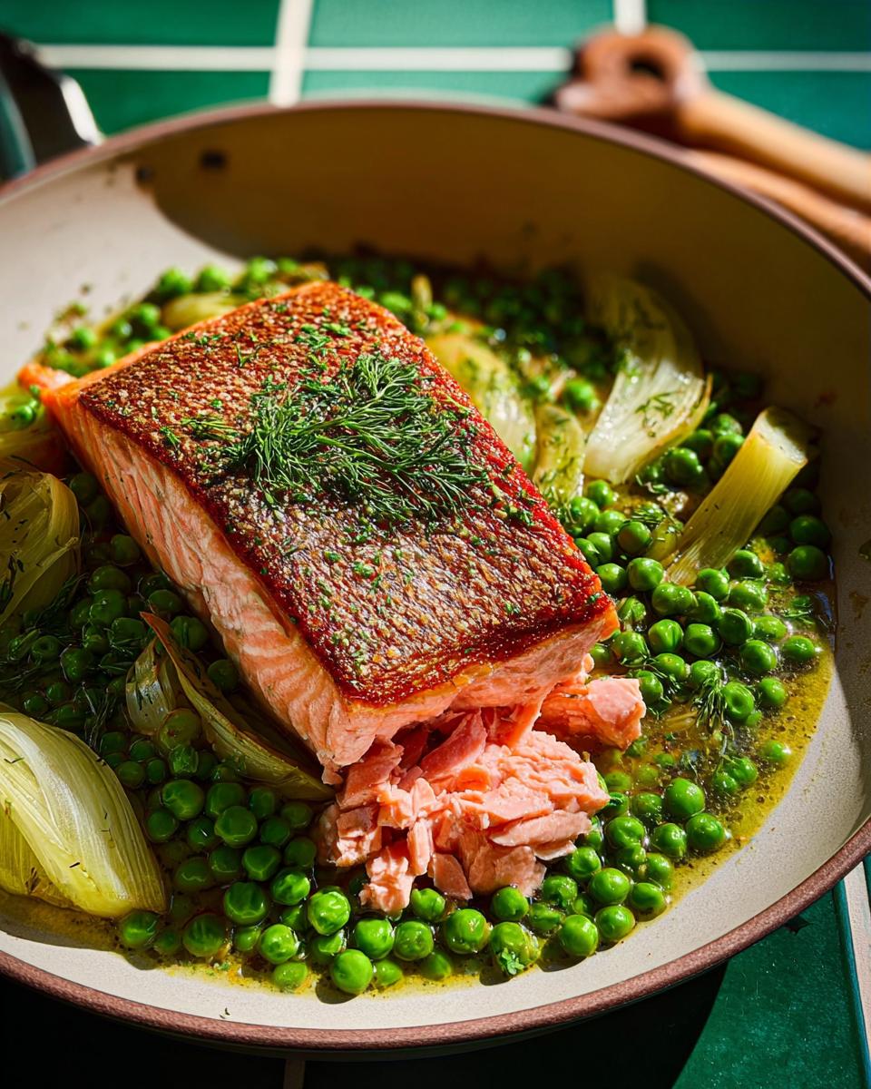 Crispy skin salmon fillet served over bright green peas and fennel, a perfect healthy meal for beginners.