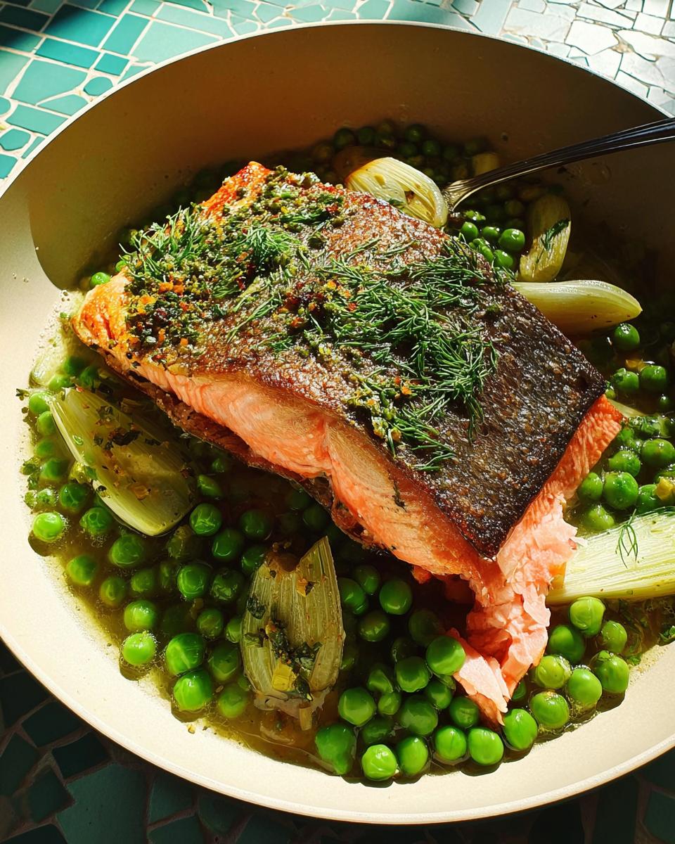Pan-seared salmon with crispy skin, topped with dill, served over bright green peas and fennel as part of The Ultimate Healthy Meals Recipes Guide for Beginners.