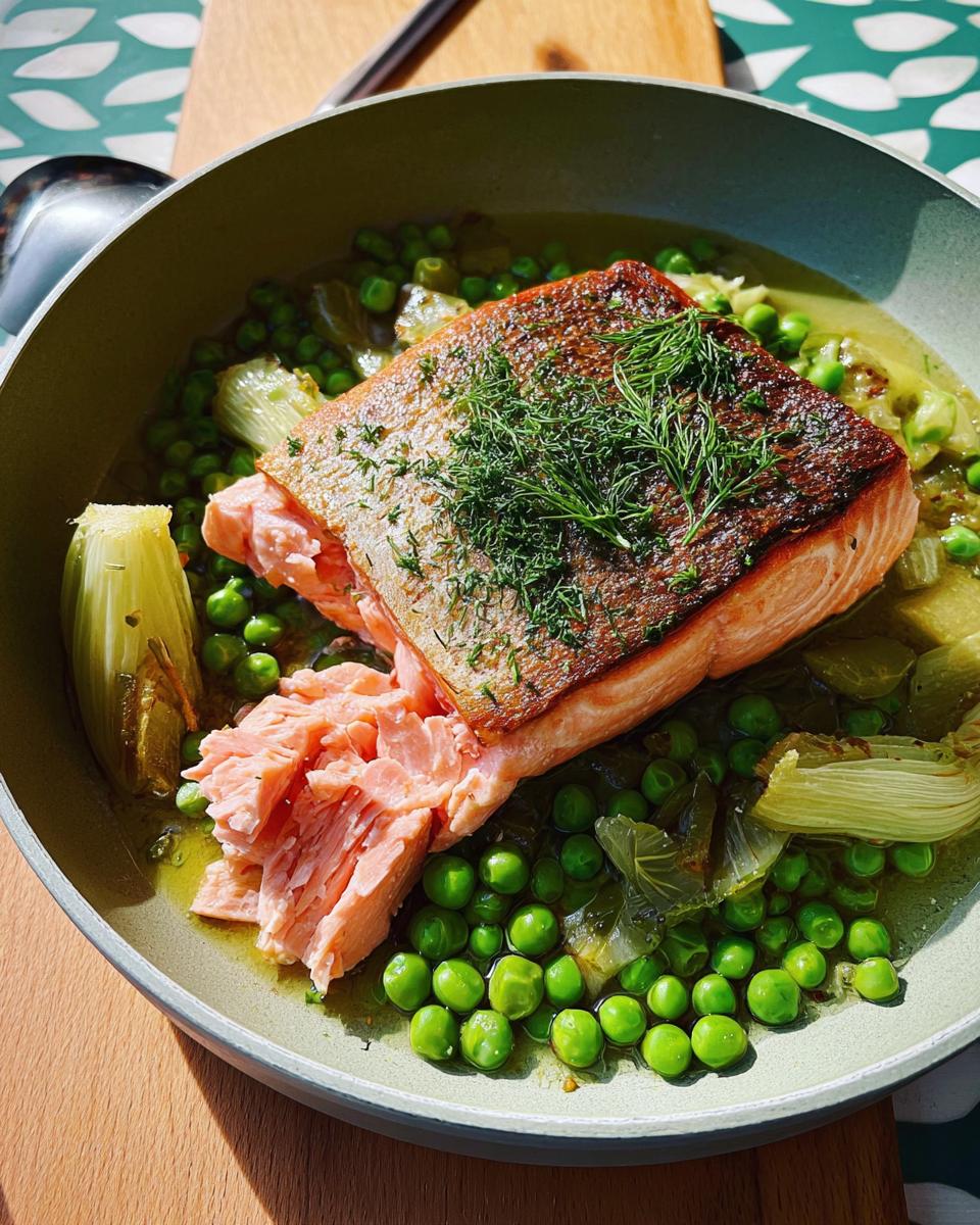 Pan-seared salmon fillet served over green peas and braised fennel, part of The Ultimate Healthy Meals Recipes Guide for Beginners.