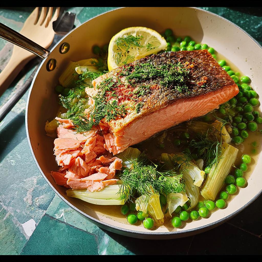 Pan-seared salmon with crispy skin served over peas and fennel, part of The Ultimate Healthy Meals Recipes Guide for Beginners.
