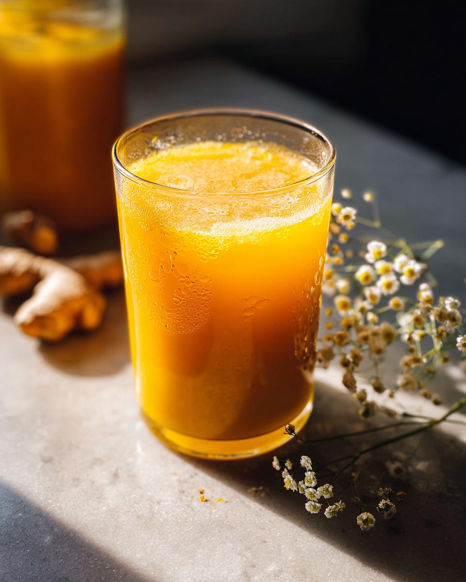 Close-up of a vibrant orange turmeric ginger shot, a healthy addition to Restaurant-Style Healthy Meals Recipes at Home.