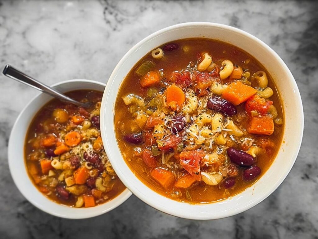 Two bowls of hearty vegetable soup recipes, full of beans, carrots, pasta, and topped with cheese.