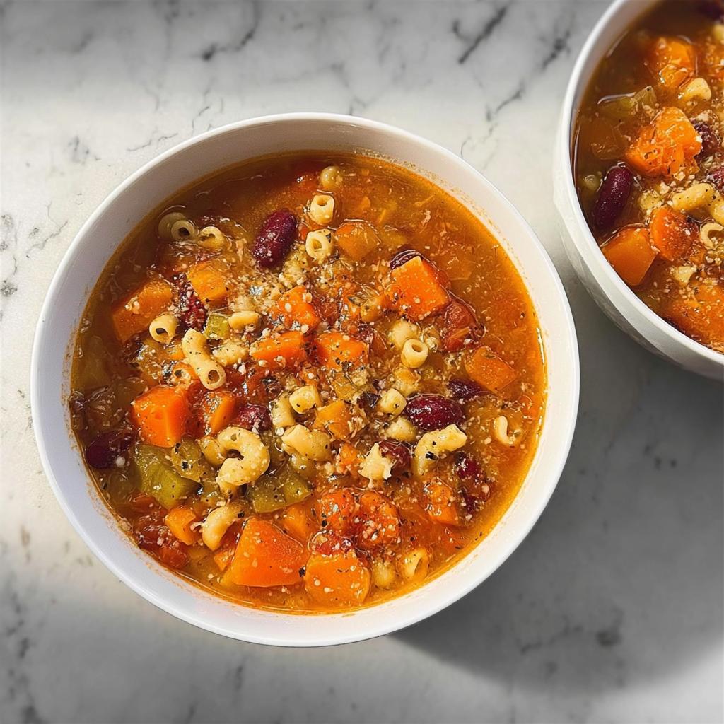 Close-up of a hearty vegetable and bean soup recipes bowl, featuring carrots, pasta, and kidney beans.