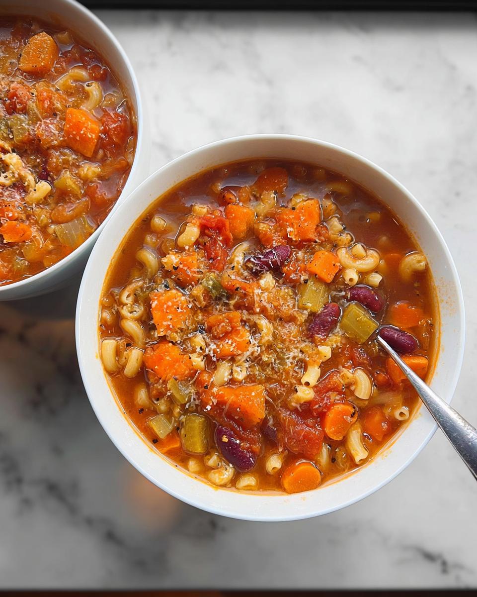 Close-up overhead view of a bowl of hearty vegetable soup recipes, featuring carrots, beans, pasta, and topped with Parmesan cheese.