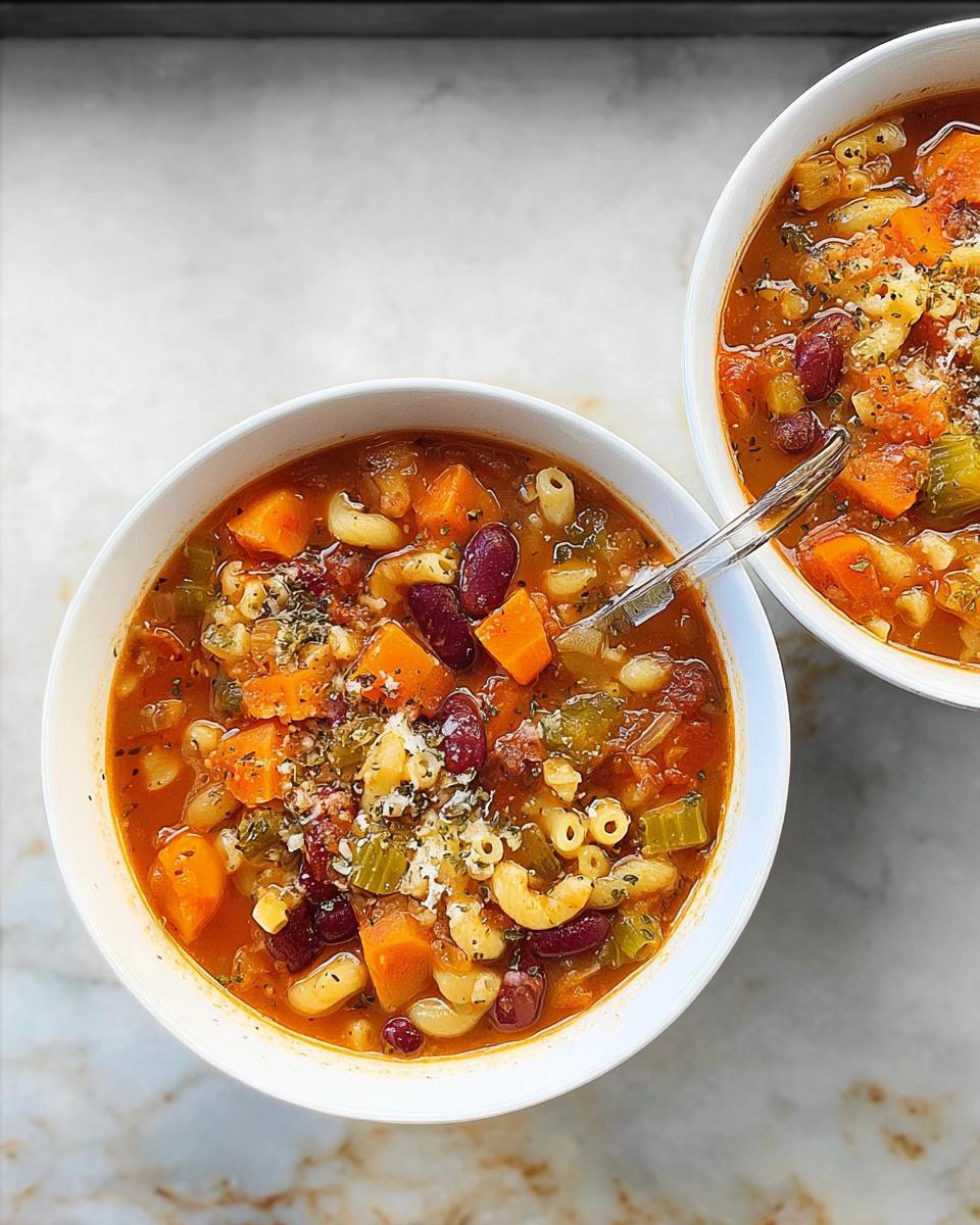 Two bowls of hearty vegetable soup recipes filled with beans, pasta, carrots, and topped with cheese.