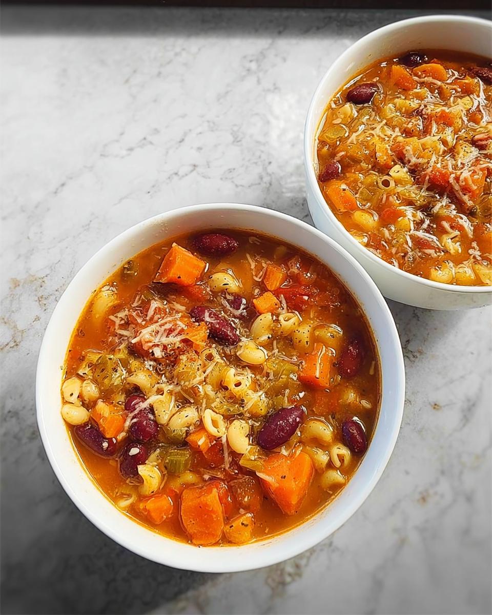 Two bowls of hearty vegetable soup recipes, packed with beans, carrots, pasta, and topped with cheese.