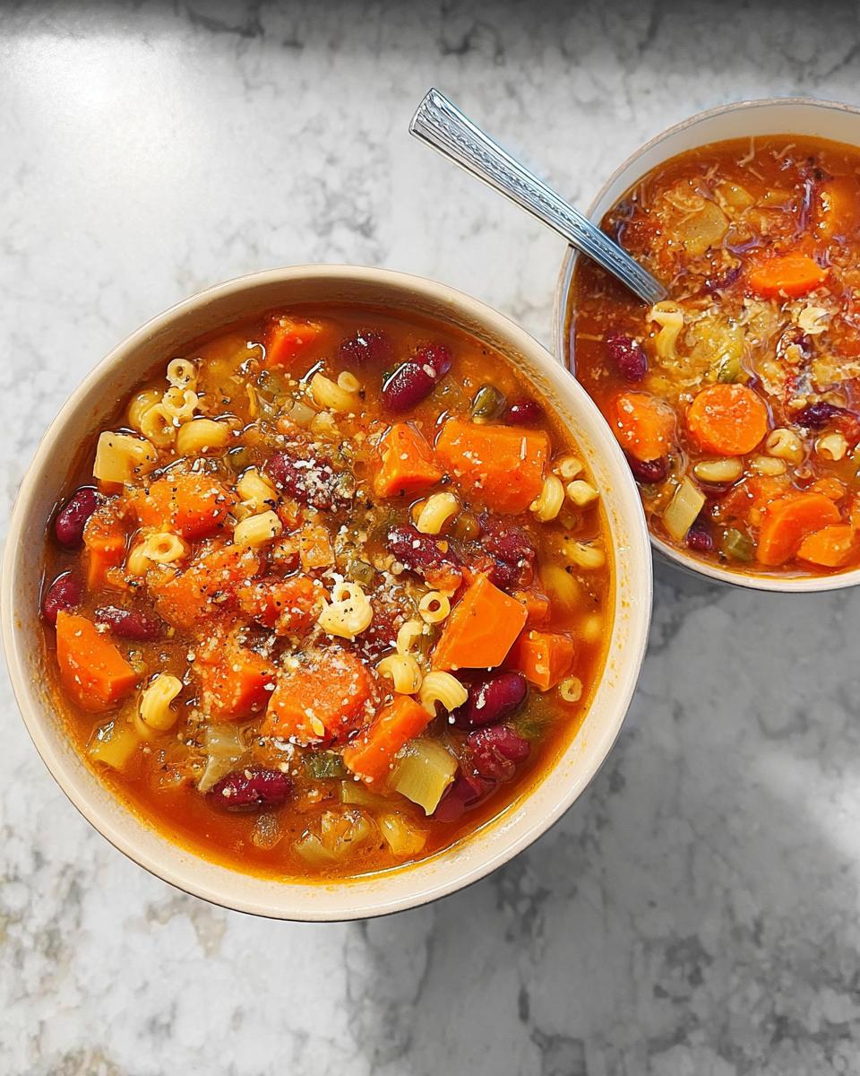 Two bowls of hearty vegetable soup recipes, loaded with carrots, beans, and pasta, topped with cheese.