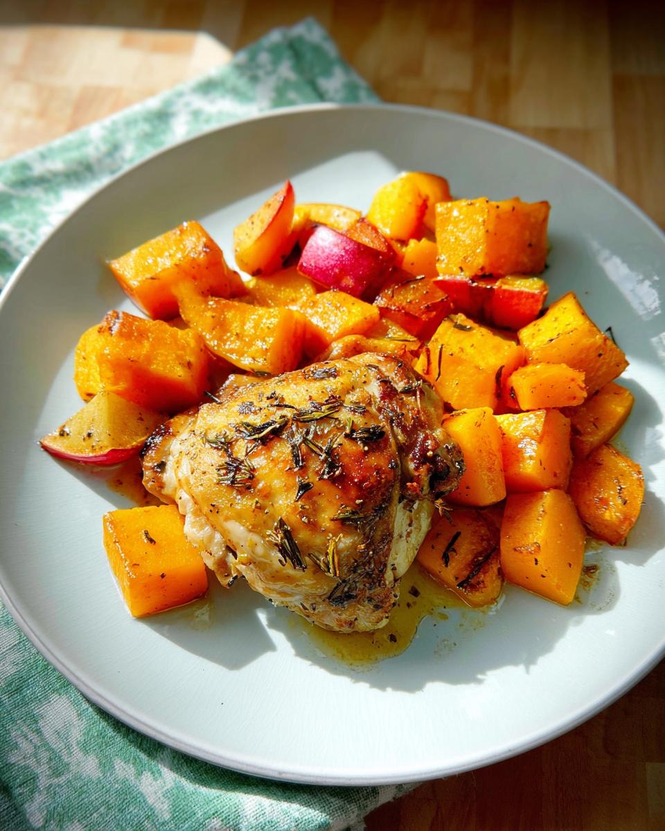 A perfectly roasted chicken thigh seasoned with herbs served with roasted butternut squash cubes.