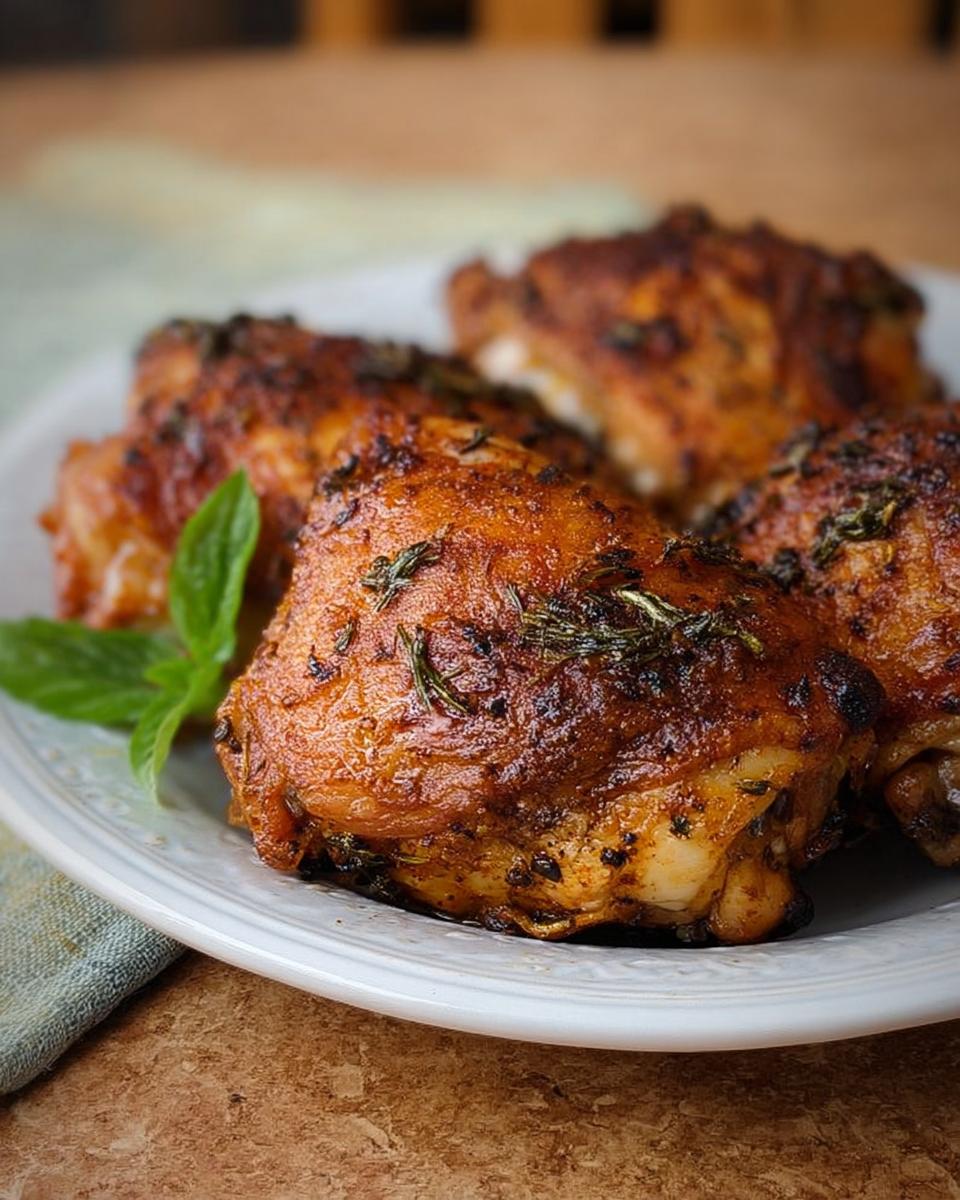 Close-up of perfectly roasted, golden-brown chicken thighs seasoned with herbs, a top choice for chicken thigh recipes.