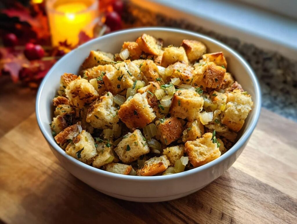 A white bowl filled with homemade stuffing cubes, celery, and herbs, set against a warm, autumnal background.