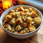A white bowl filled with homemade stuffing cubes, celery, and herbs, set against a warm, autumnal background.