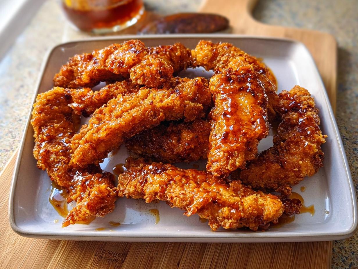 Crispy, honey-glazed chicken tenders piled on a rectangular white plate, perfect for Restaurant-Style Chicken Recipes at Home.