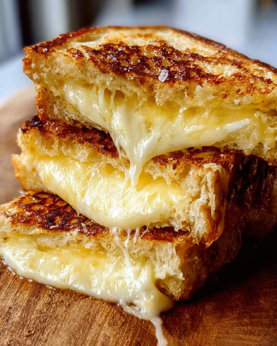 Close-up of stacked, perfectly golden brown grilled cheese sandwiches with extreme cheese pull.