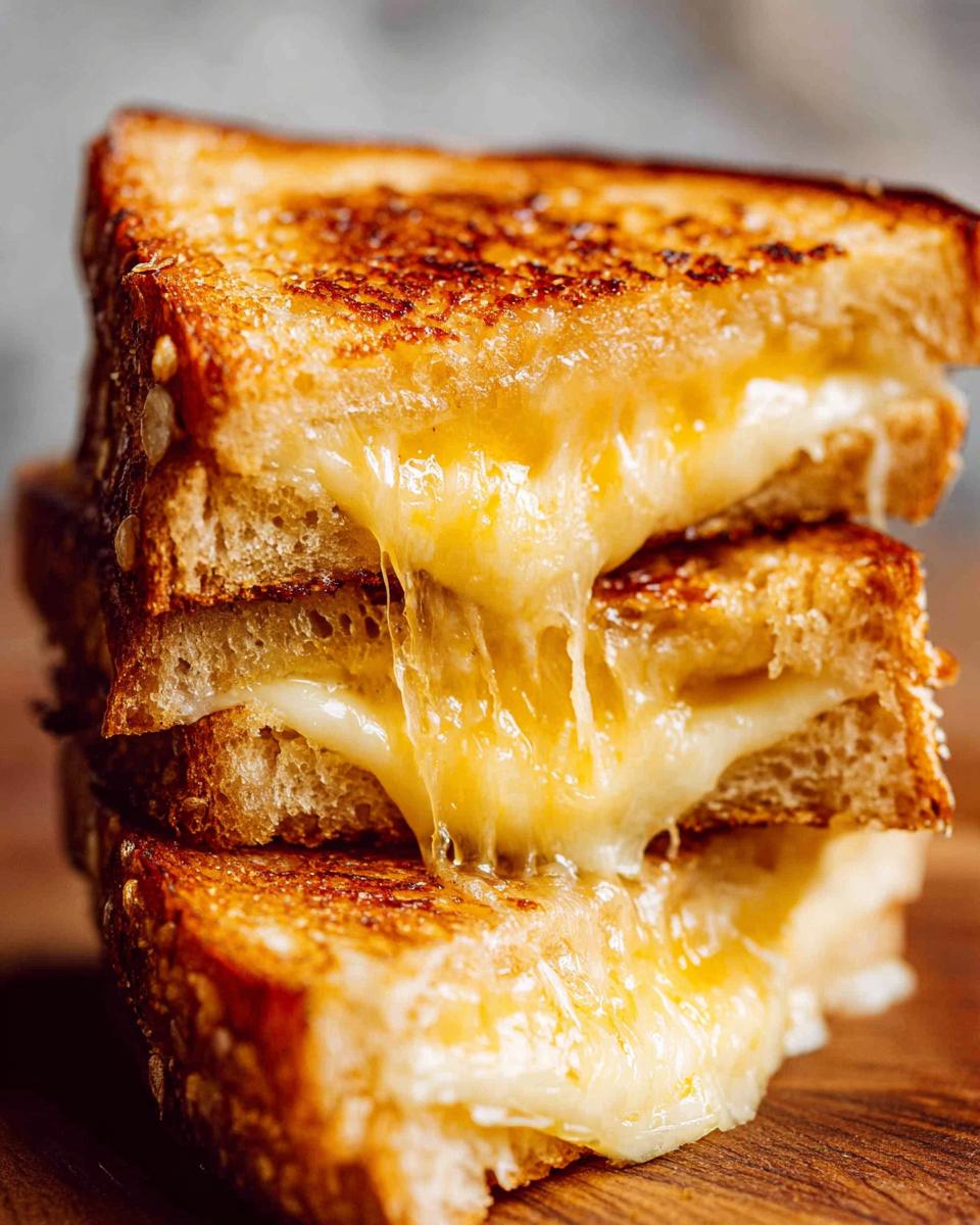 Close-up of stacked grilled cheese recipes showing gooey, melted cheese stretching between golden-brown bread slices.