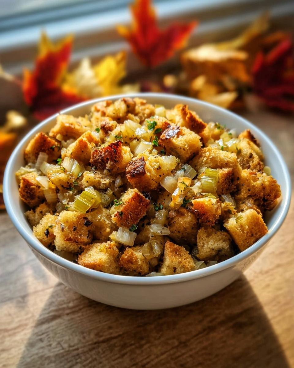 Close-up of homemade stuffing recipe in a white bowl, featuring toasted bread cubes, celery, and onions.