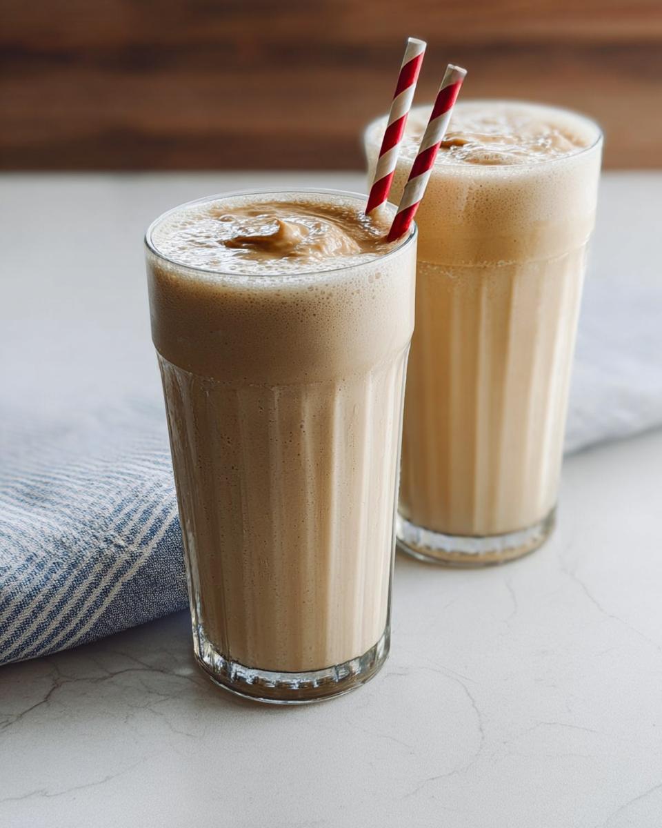 Two tall glasses of frothy iced coffee smoothie with red and white striped straws, part of The Ultimate Breakfast Ideas Recipes Guide.