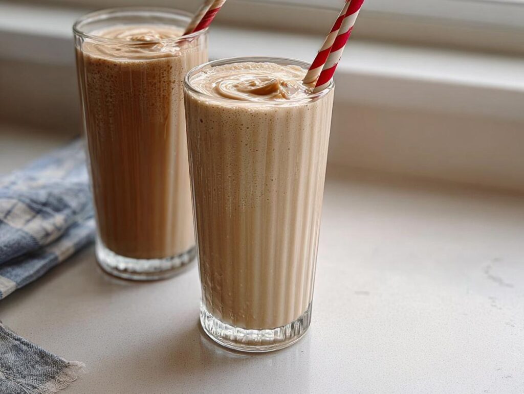 Two glasses of creamy, blended iced coffee or smoothie, perfect for The Ultimate Breakfast Ideas Recipes Guide.
