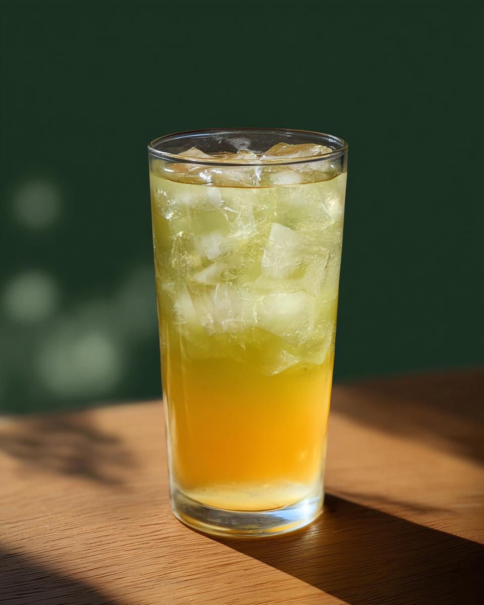 Tall glass filled with an iced, layered drink featuring a bright orange bottom layer and a greenish-yellow top layer, perfect for 20-Ingredient Starbucks Drinks Recipes.