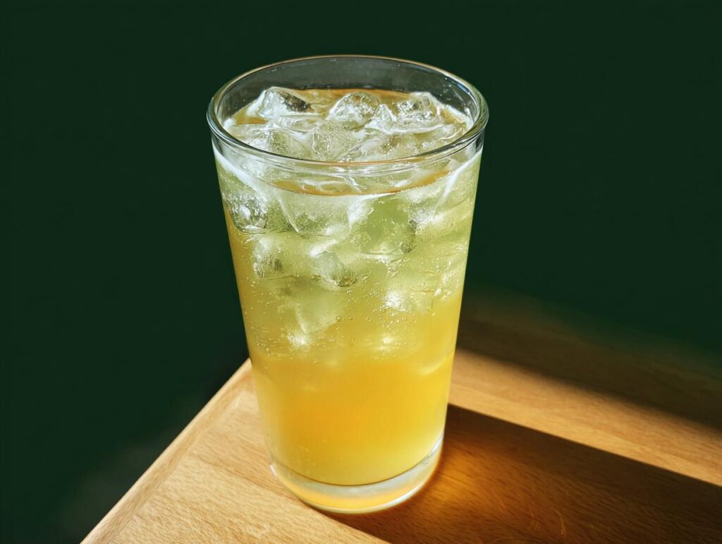 Tall glass filled with an iced, layered yellow and green beverage, perfect for 20-Ingredient Starbucks Drinks Recipes.