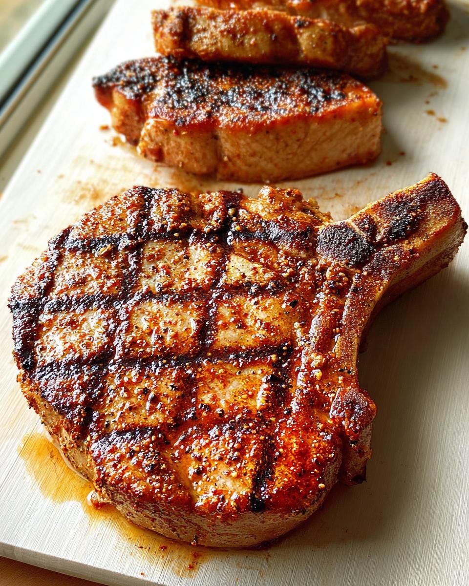 Close-up of a thick, bone-in pork chop with perfect grill marks and a seasoned crust, part of What I Cook When I Crave Pork Chops Recipes.
